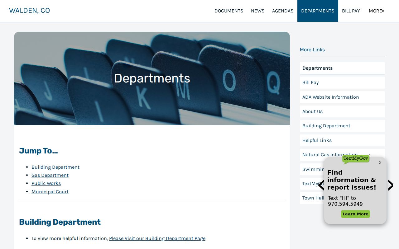 Town of Walden department directory showing the municipal court clerk contact