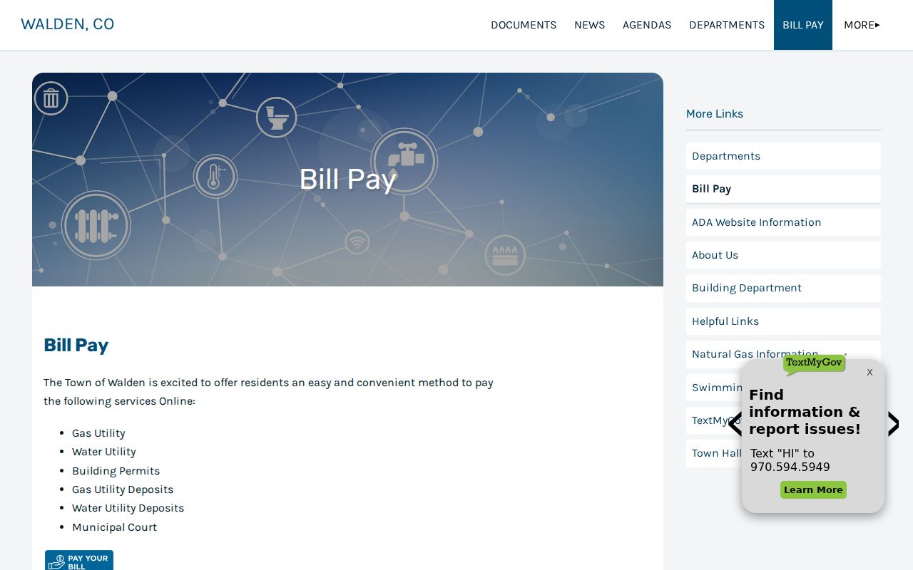 Walden municipal bill-pay page showing the court payment link