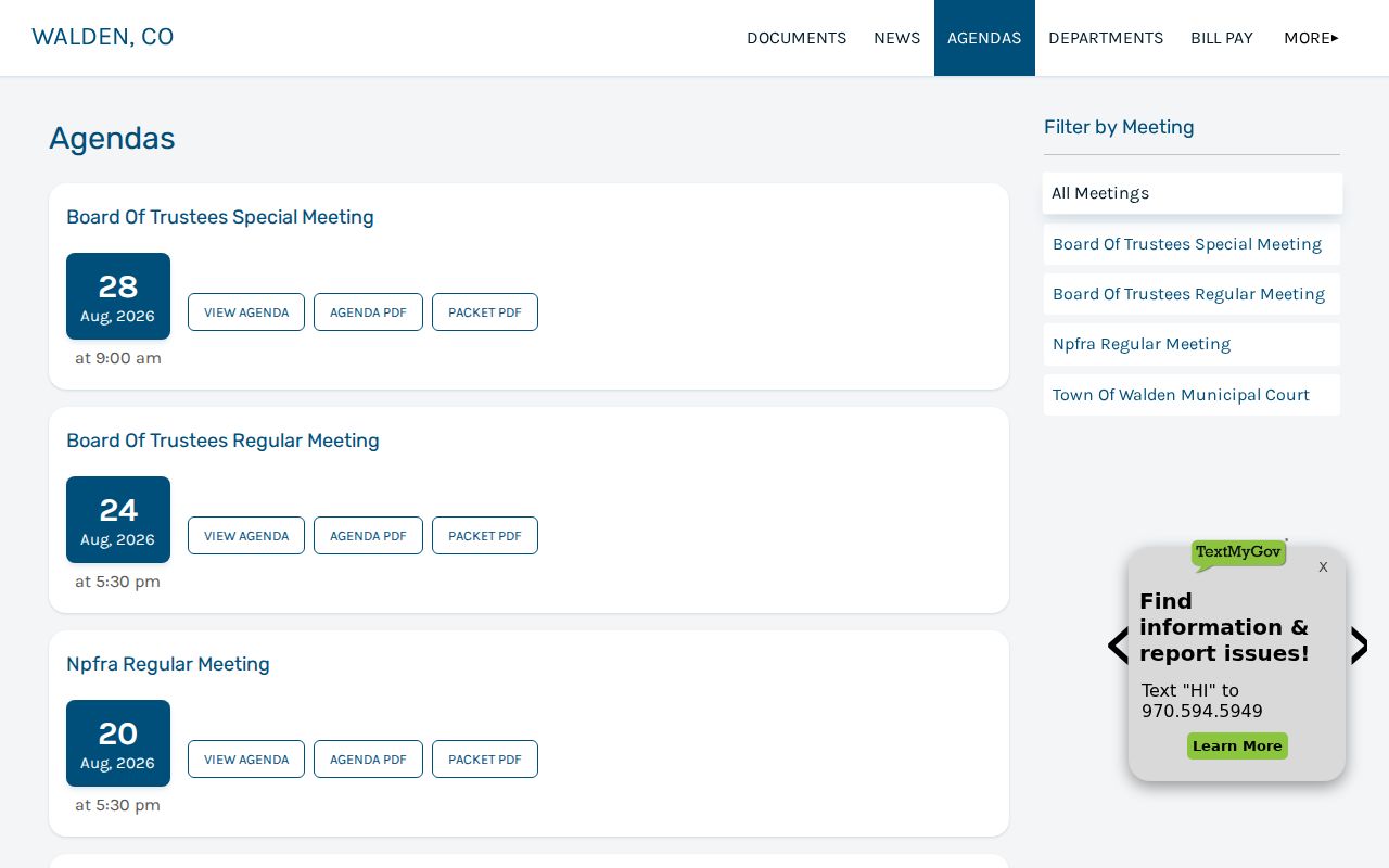 Town of Walden agenda archive with a municipal court category