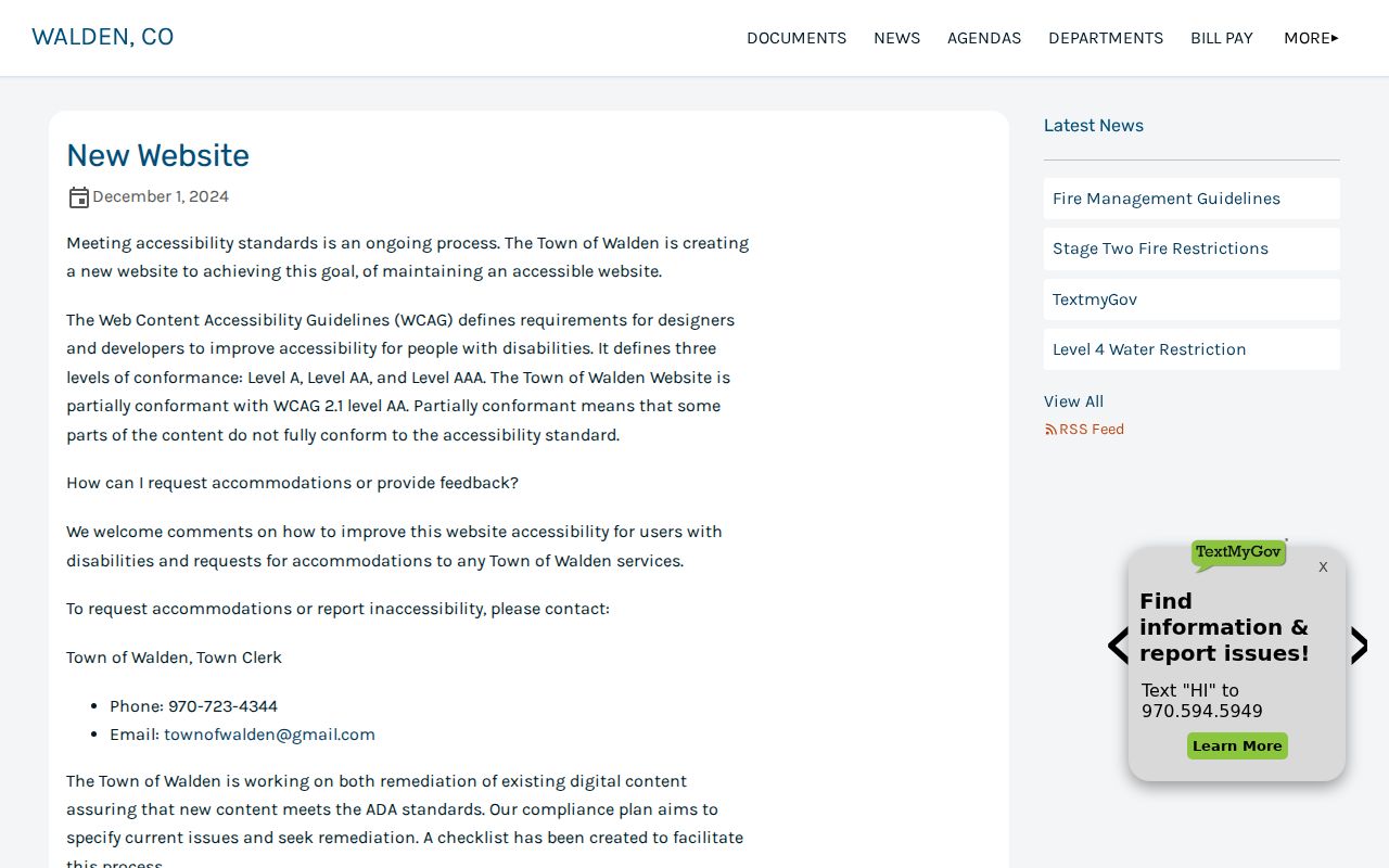 Walden website accessibility notice with Town Clerk accommodation contact